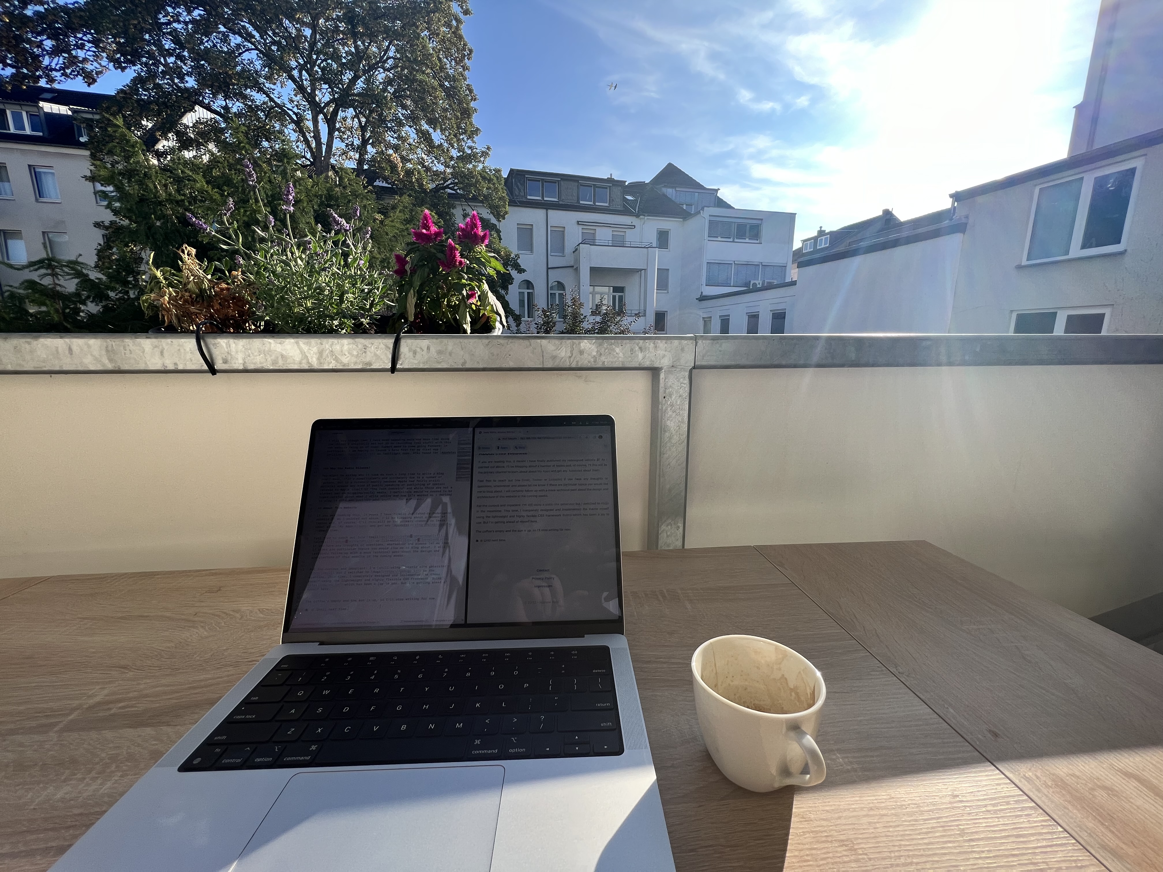 &ldquo;A view of our balcony in our Bonn apartment where I&rsquo;m watching the sunrise and writing my first blog post for the new website. There&rsquo;s a cup of freshly brewed espresso next to my Laptop.&rdquo;