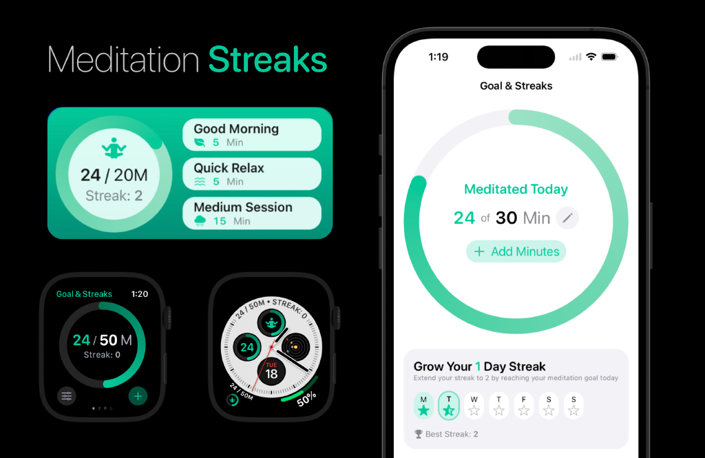 A composition showing screenshots of the new streaks feature on both Apple Watch and iPhone.